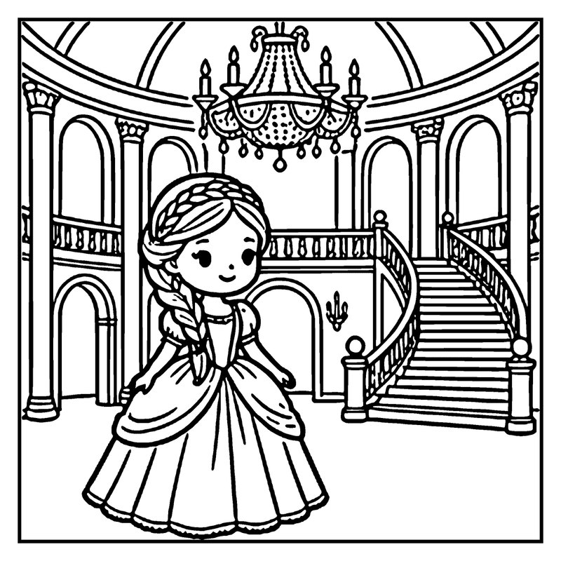 A princess in a fancy gown stands in a grand, ornate room with a chandelier and staircase