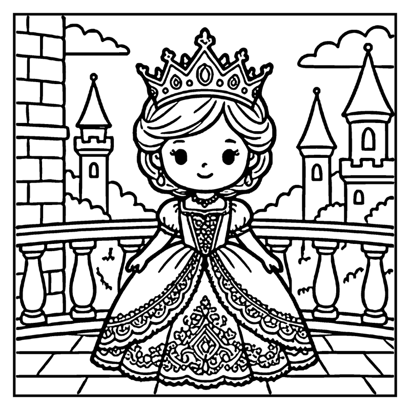 A princess in a fancy gown stands on a balcony, smiling, with a castle in the background