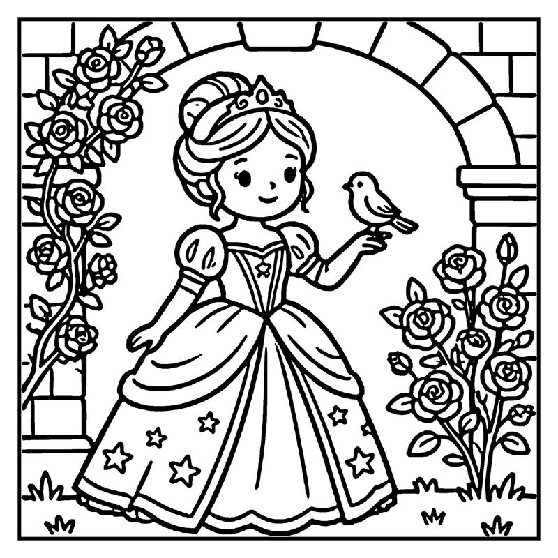 Princess in a garden, holding a bird, surrounded by flowers and an archway