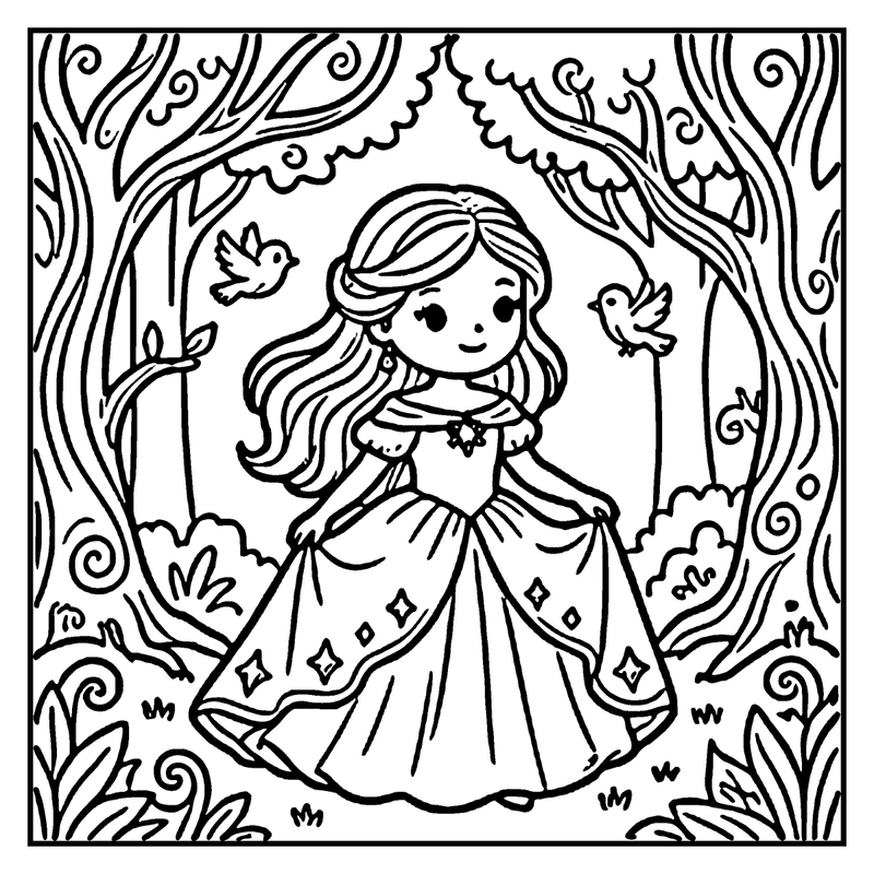 A princess in a garden, holding a bird, surrounded by trees and flowers