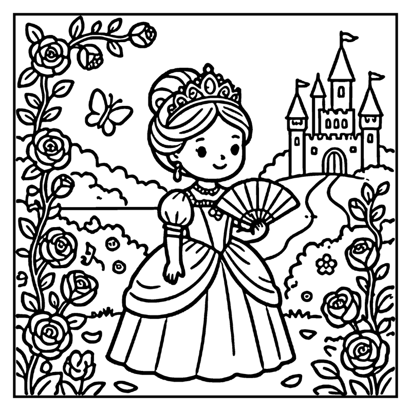 A princess in a garden, holding a fan, surrounded by roses and a castle