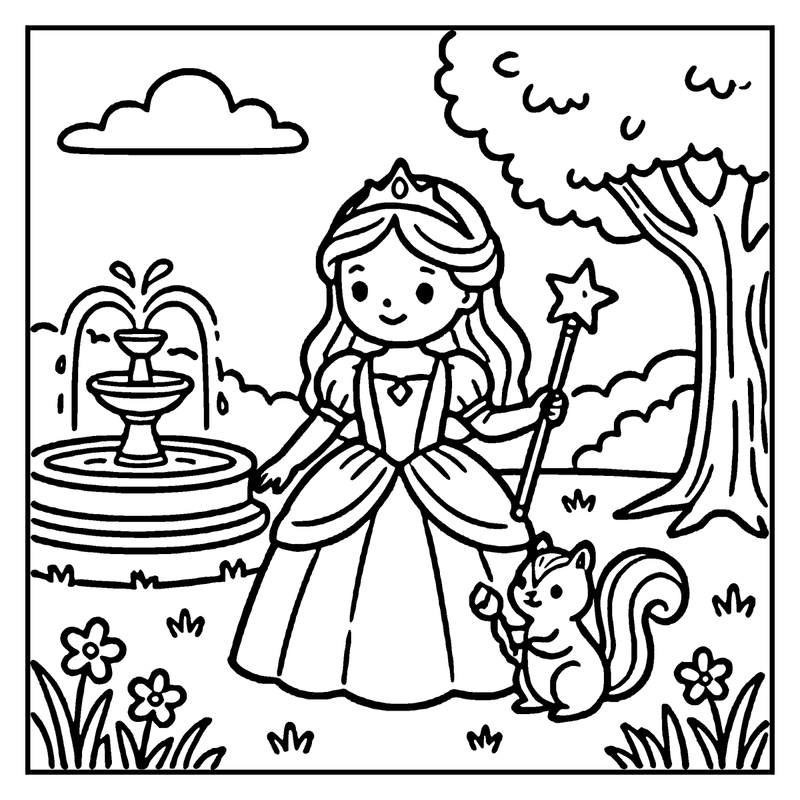 A princess in a garden, holding a wand, next to a squirrel and a fountain