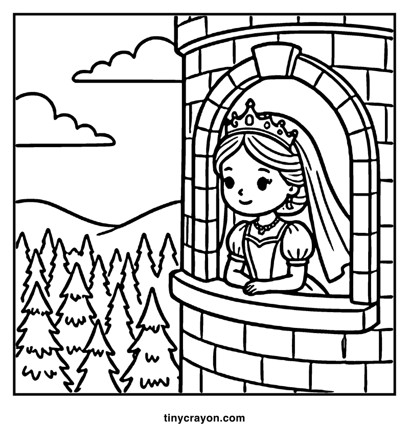 A princess peeks out from a castle window, surrounded by pine trees and a clear sky, a princess coloring page