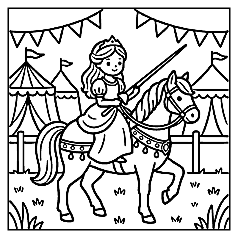 A princess rides a horse, holding a spear, in a festive setting with tents and flags