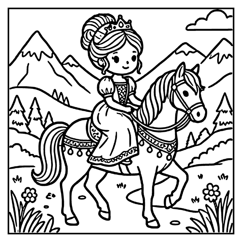 A princess rides a horse in a mountainous landscape with flowers and trees