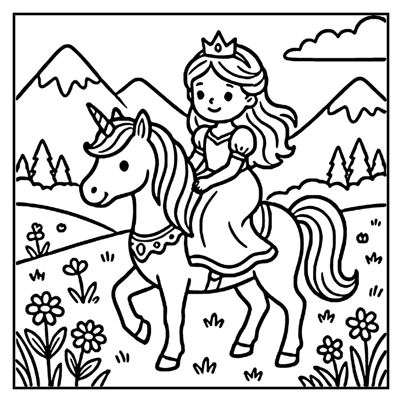 A princess rides a unicorn in a field with flowers and mountains in the background