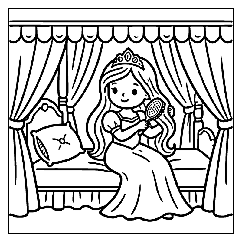 A princess sits on a bed, brushing her hair, with a tiara and long hair, in a room with curtains and a pillow