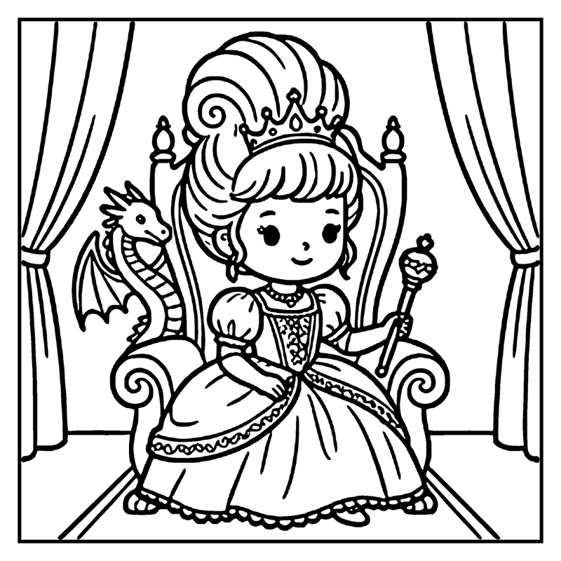 A princess sits on a throne, holding a scepter, with a dragon behind her, and curtains on either side
