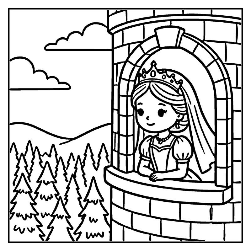 Princess Sofia peeks out from a castle window, surrounded by pine trees and a clear sky