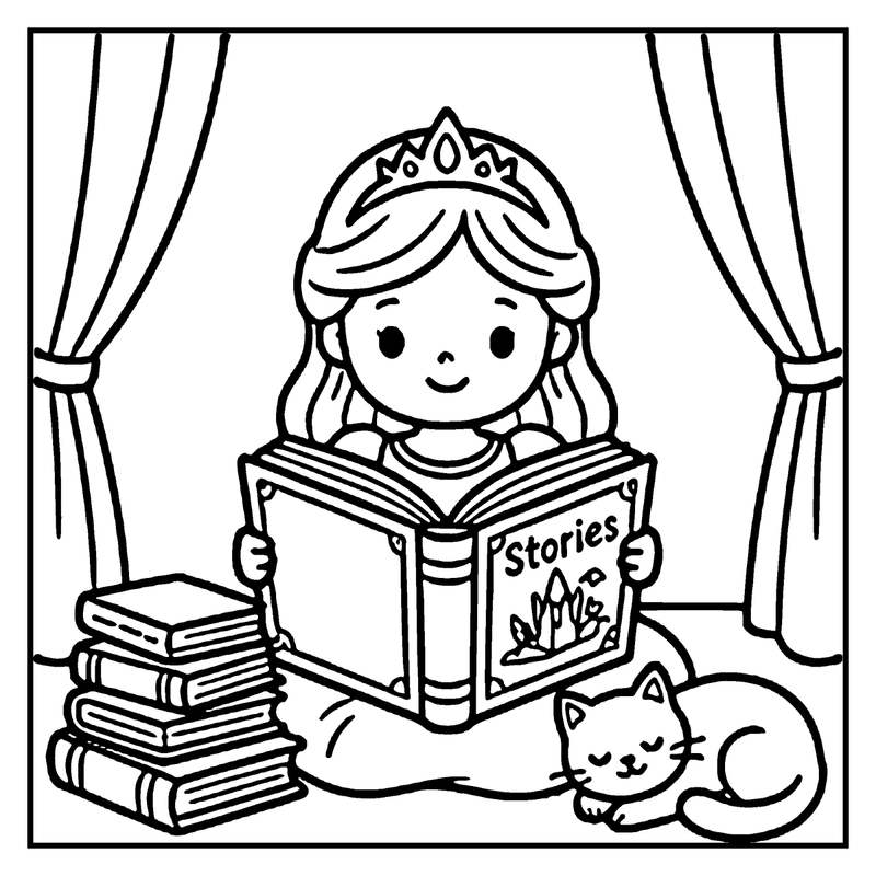A princess wearing a crown is reading a book titled "Stories" in a cozy room with curtains and a sleeping cat