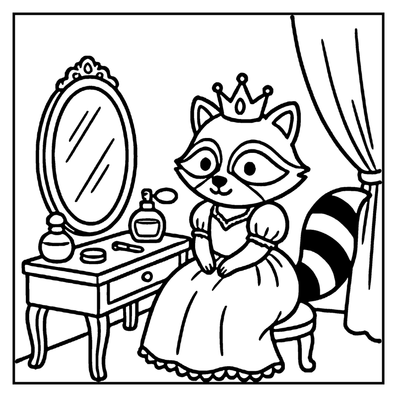 A raccoon wearing a crown and dress sits at a vanity table, applying makeup and looking in the mirror, a princess coloring page