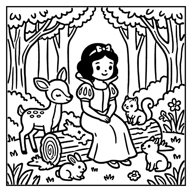 Snow White sits on a log in a forest, surrounded by animals and nature, a princess coloring page