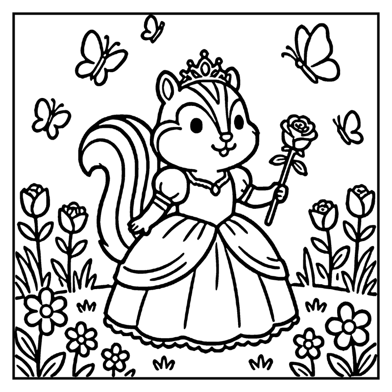 A squirrel princess in a dress holds a rose, surrounded by flowers and butterflies