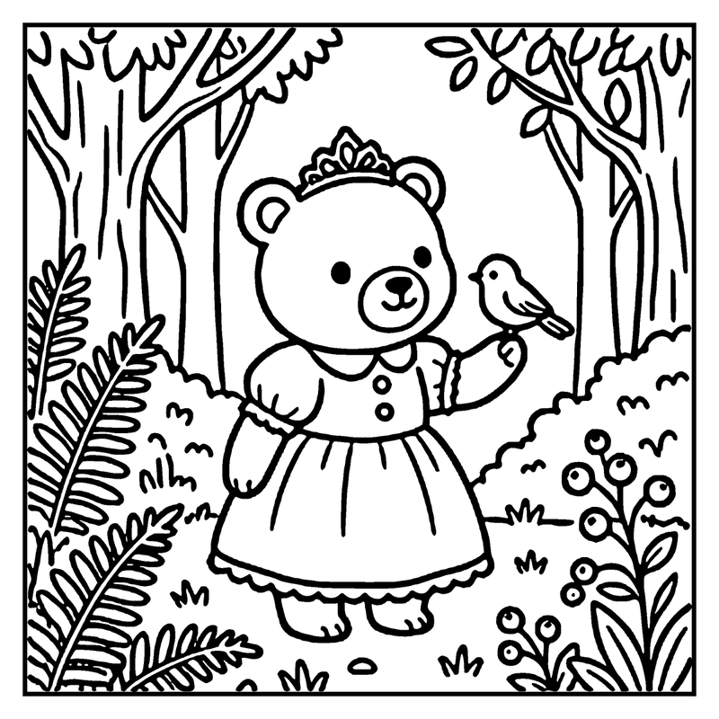 A teddy bear in a dress stands in a forest, holding a bird, surrounded by trees, leaves, and flowers, a princess coloring page