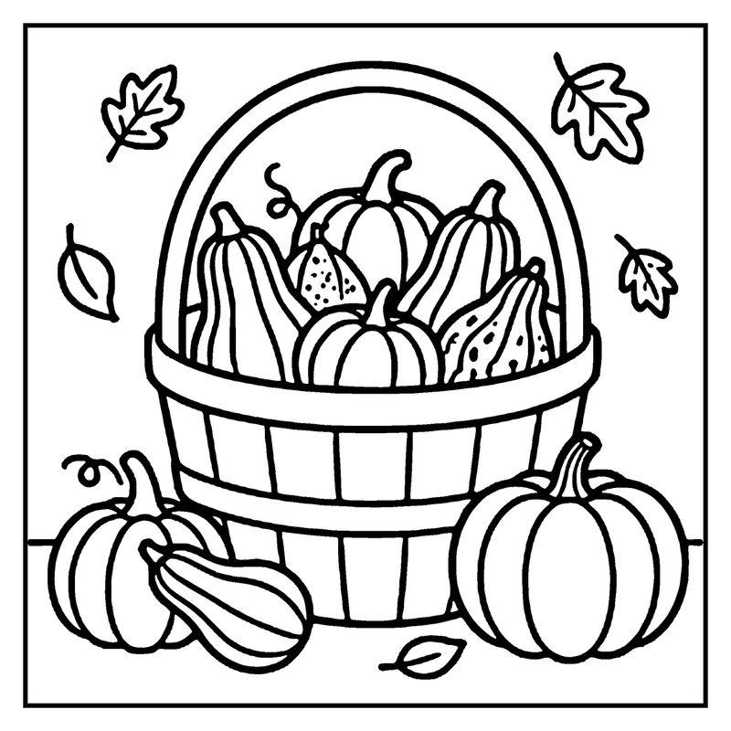 A wicker basket packed with pumpkins and small gourds, with fallen leaves scattered around its base