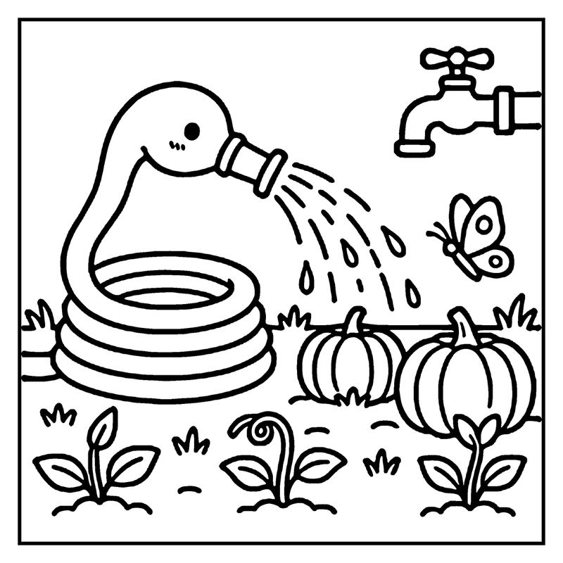 A cartoon garden hose watering pumpkins in a garden with a butterfly nearby