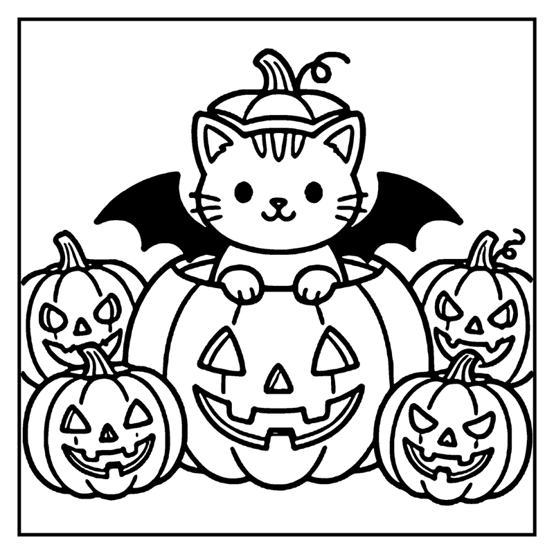 A cute cat in a bat costume sits among carved pumpkins, ready for Halloween