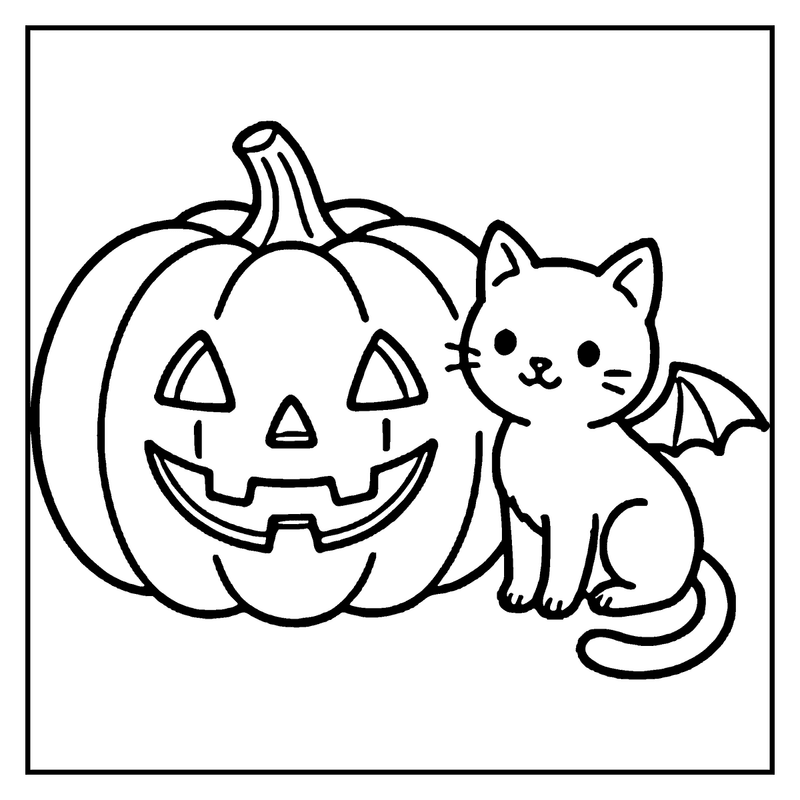 A cute cat with bat wings sits next to a carved pumpkin, both smiling