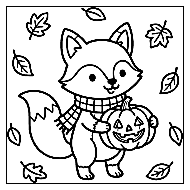 A cute fox wearing a scarf holds a pumpkin, surrounded by falling leaves