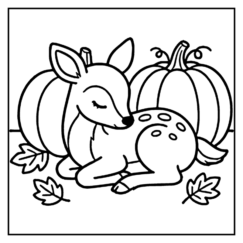 A deer is hugging a pumpkin, surrounded by autumn leaves, in a simple black and white drawing