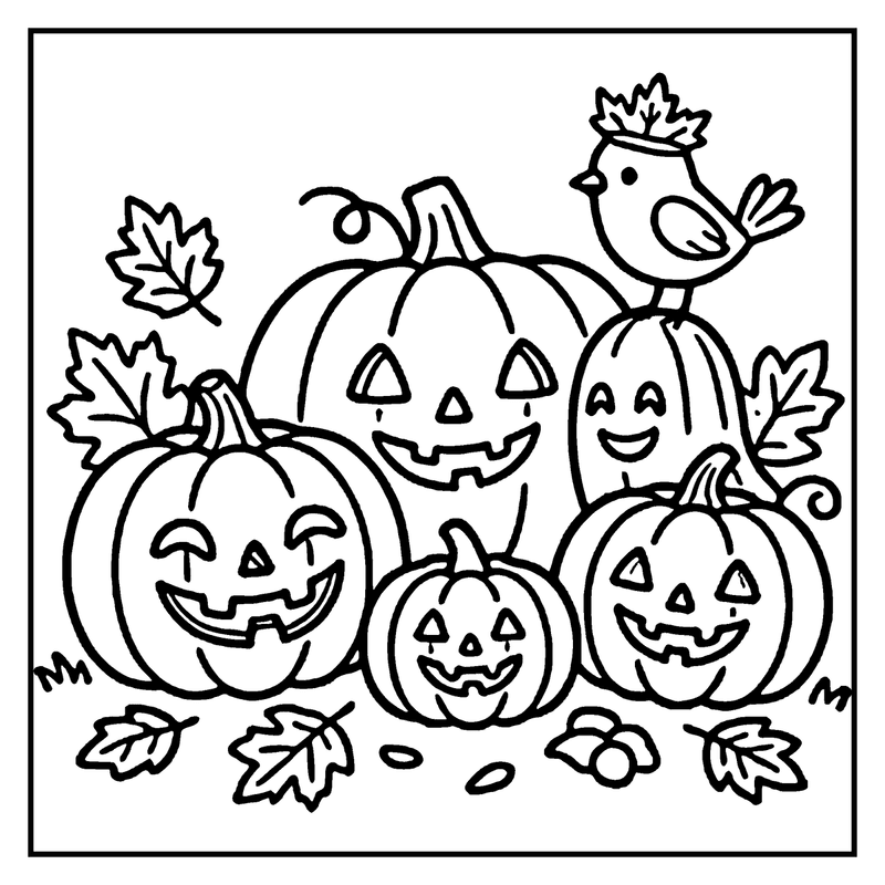 A group of pumpkins with carved faces and smiling leaves on a Halloween-themed background