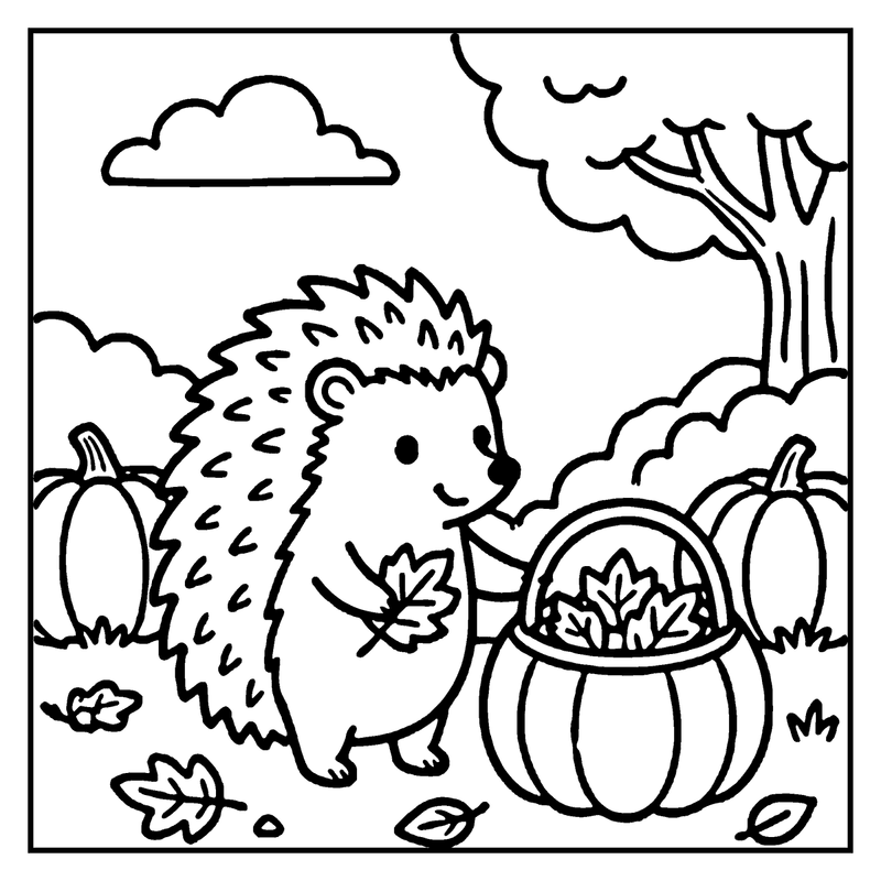 A hedgehog holding a leaf, standing next to a pumpkin, with a basket of leaves nearby