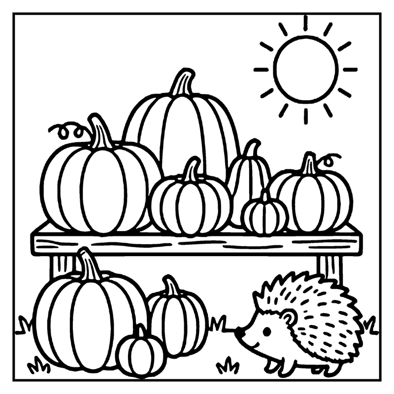 A hedgehog is sniffing pumpkins on a wooden shelf under a sun