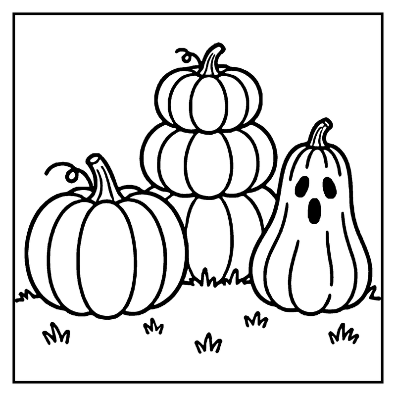 The image depicts a ghostly pumpkin, a stack of pumpkins, and a large pumpkin, all in a grassy setting