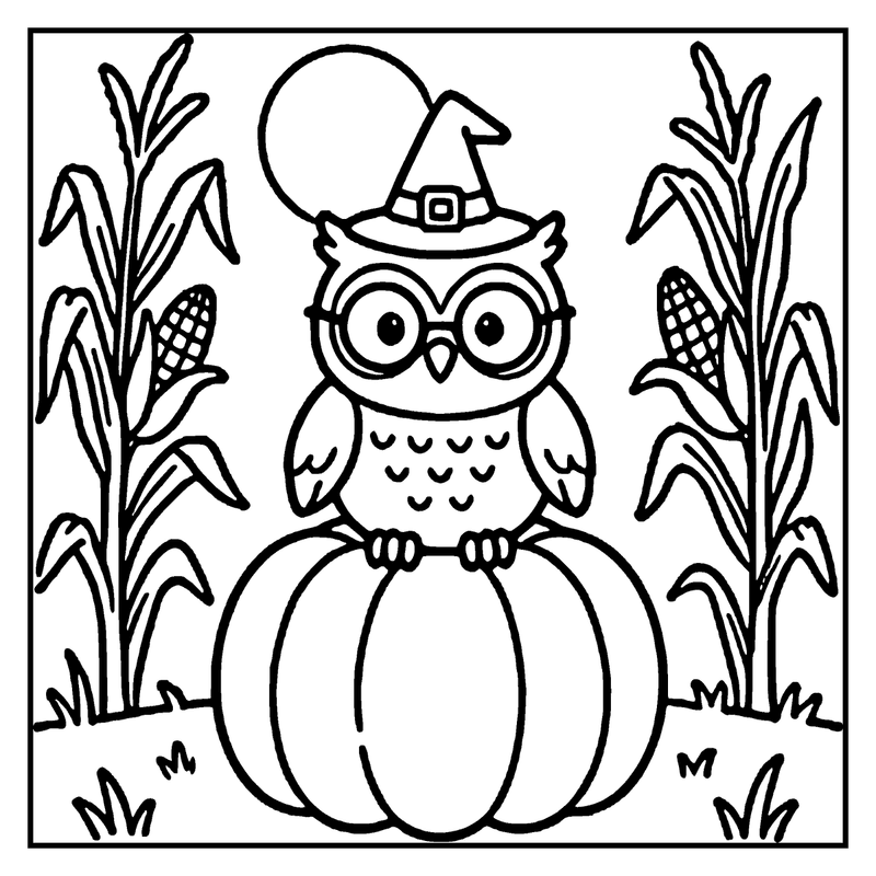 An owl wearing a witch hat sits on a pumpkin in a cornfield