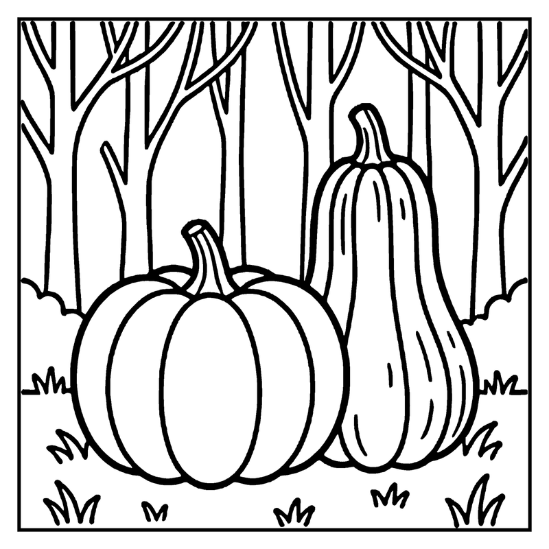 A pumpkin and a gourd sit in a forest with bare trees and grass