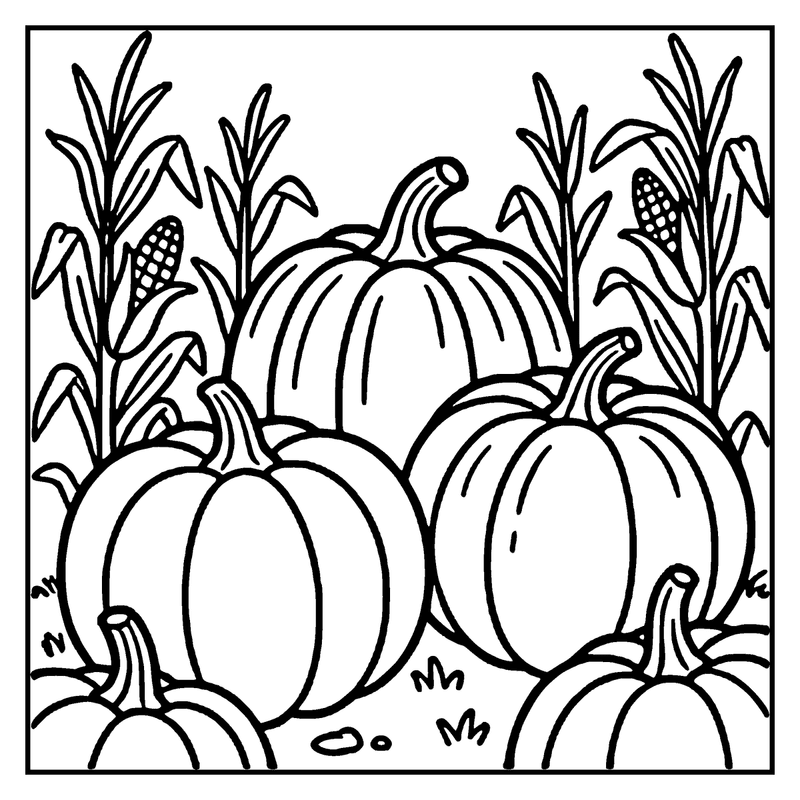 Pumpkins and corn cobs in a field, ready for harvest