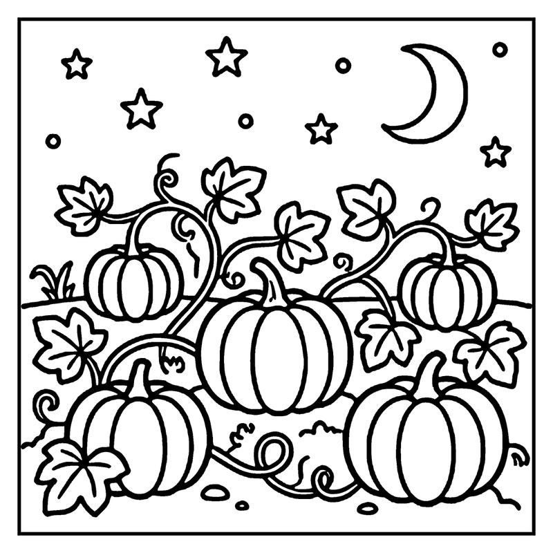Pumpkins and leaves in a garden with a crescent moon and stars above