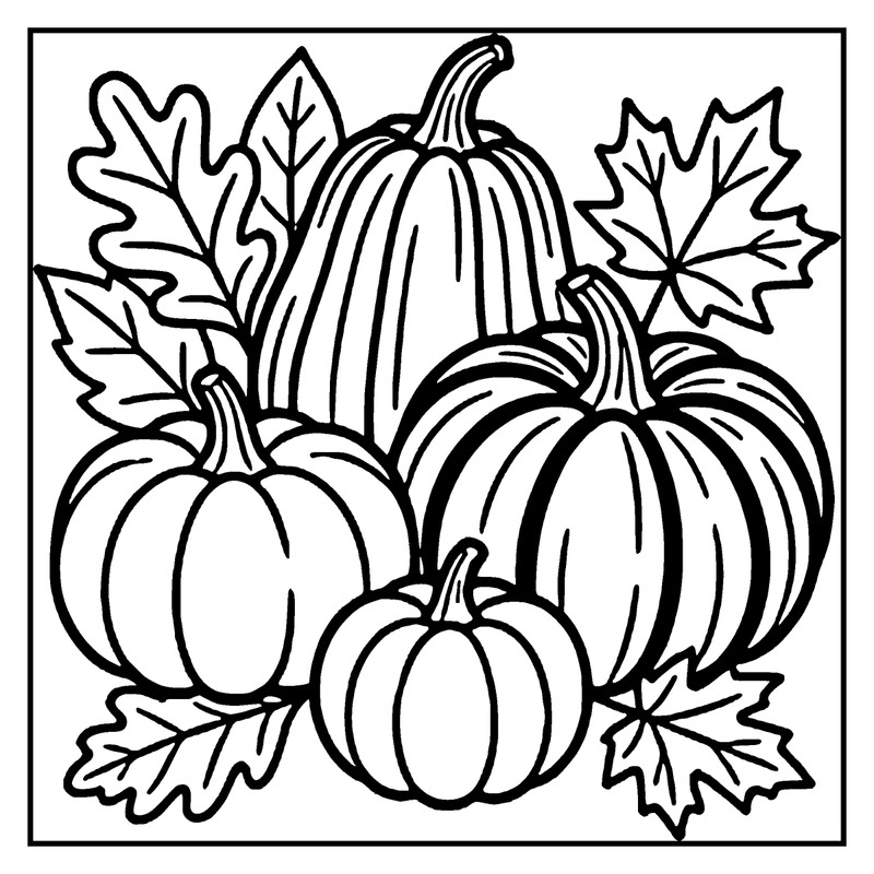 Pumpkins and leaves, perfect for a fall-themed coloring page
