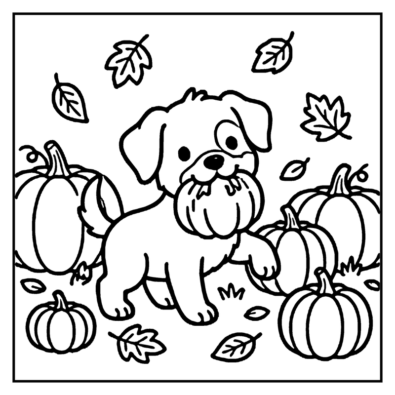 A puppy stands between pumpkins and leaves, enjoying the autumn season