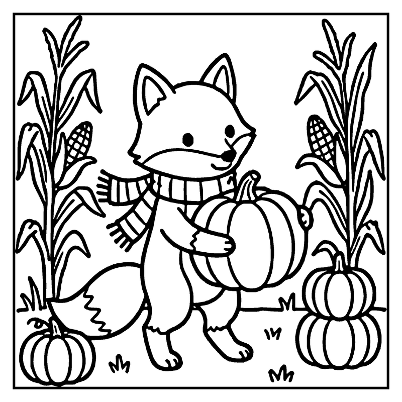A raccoon wearing a scarf is holding a pumpkin, surrounded by corn stalks and smaller pumpkins