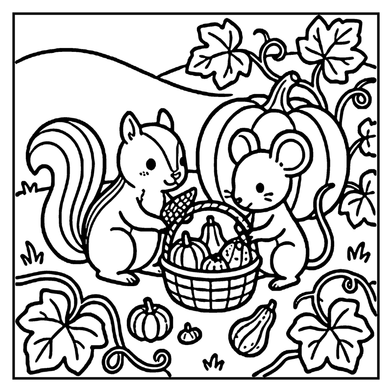 A squirrel and a mouse are gathered around a basket filled with pumpkins and gourds, surrounded by autumn leaves and a pumpkin vine