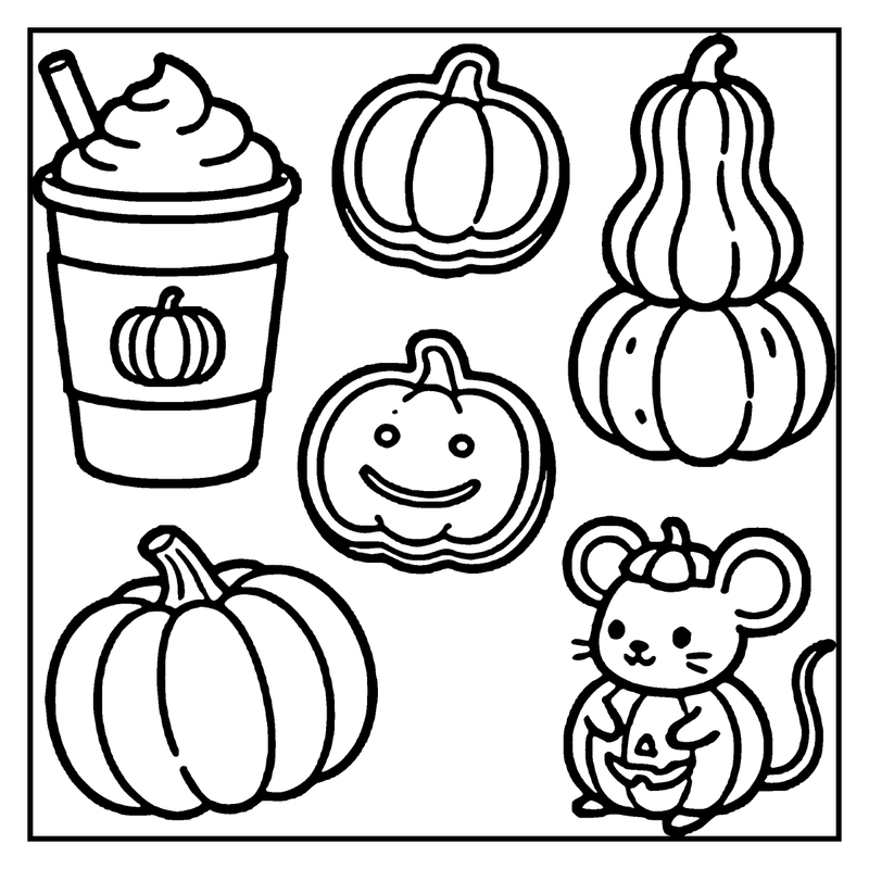 This children's coloring page drawing depicts a cute mouse wearing a pumpkin hat, surrounded by various pumpkin-themed items