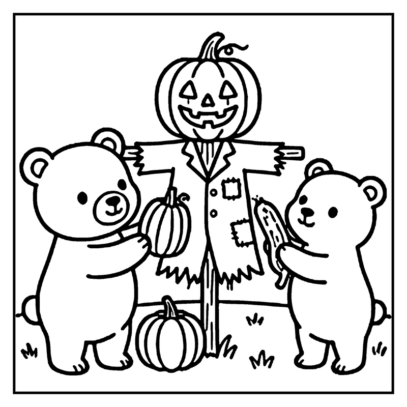 Two cute bears are carving pumpkins and holding a jack-o'-lantern, surrounded by Halloween decorations