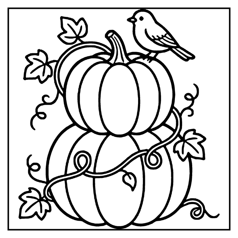 Two pumpkins with vines and leaves, one with a bird perched on top, set against a white background