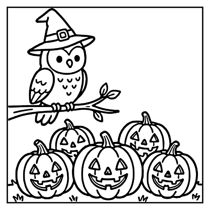 A witch owl perched on a broomstick with pumpkins below, all ready for Halloween