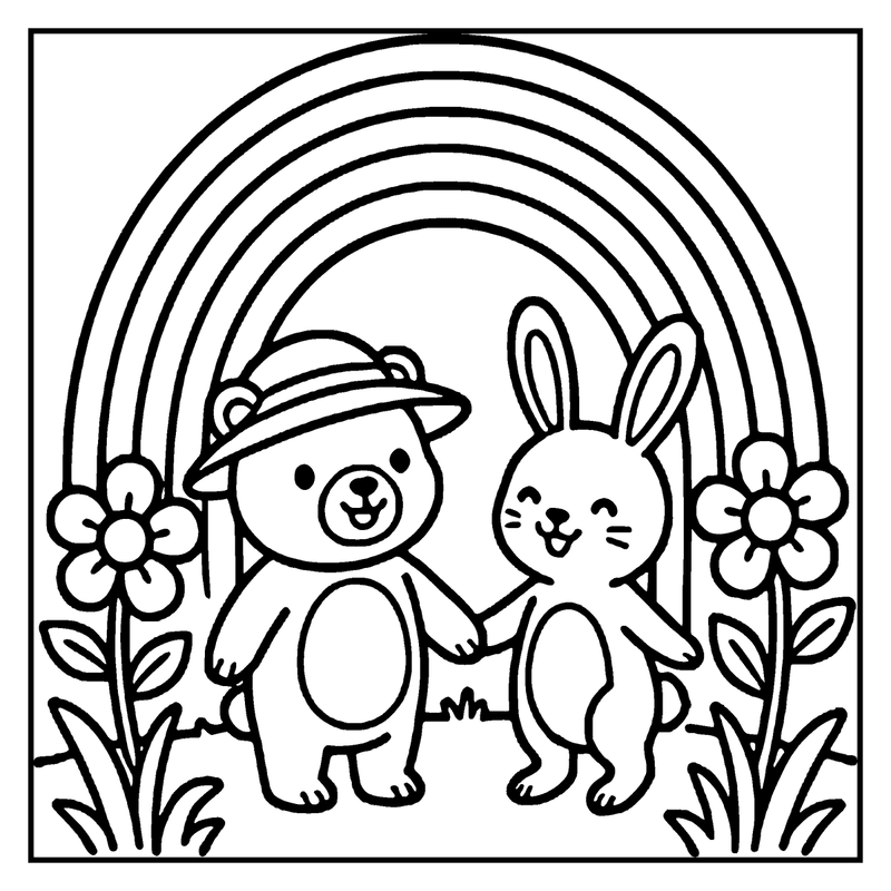 A bear and a rabbit holding hands in a garden with flowers and a rainbow