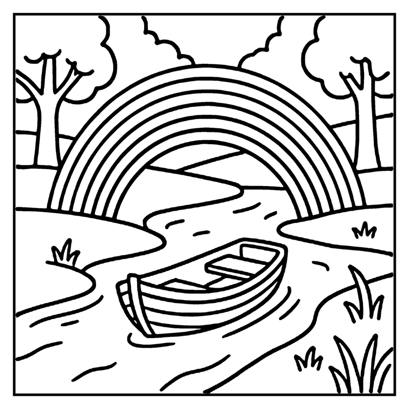 A boat floats on calm water with a rainbow arching above, trees on the shore, and grassy banks