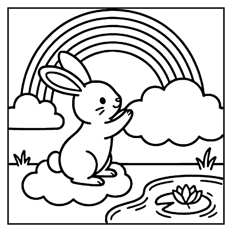 A bunny sits by a pond, holding a cloud, with a rainbow in the background
