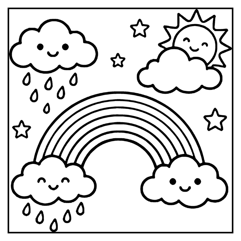 A cheerful rainbow spans across the sky, surrounded by smiling clouds and stars