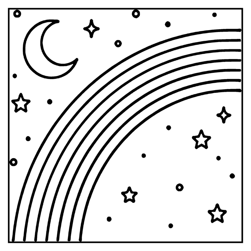 A crescent moon and stars float above a rainbow in a night sky