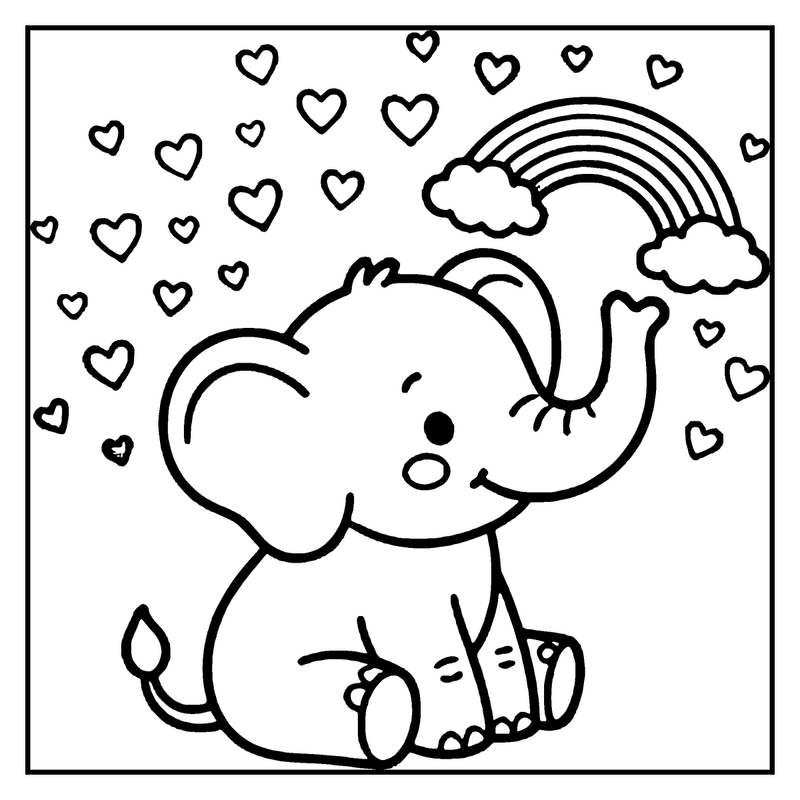 A cute baby elephant is sitting and waving with a rainbow and hearts in the background