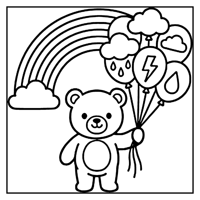 A cute bear holds balloons with raindrops and a lightning bolt, under a rainbow and clouds