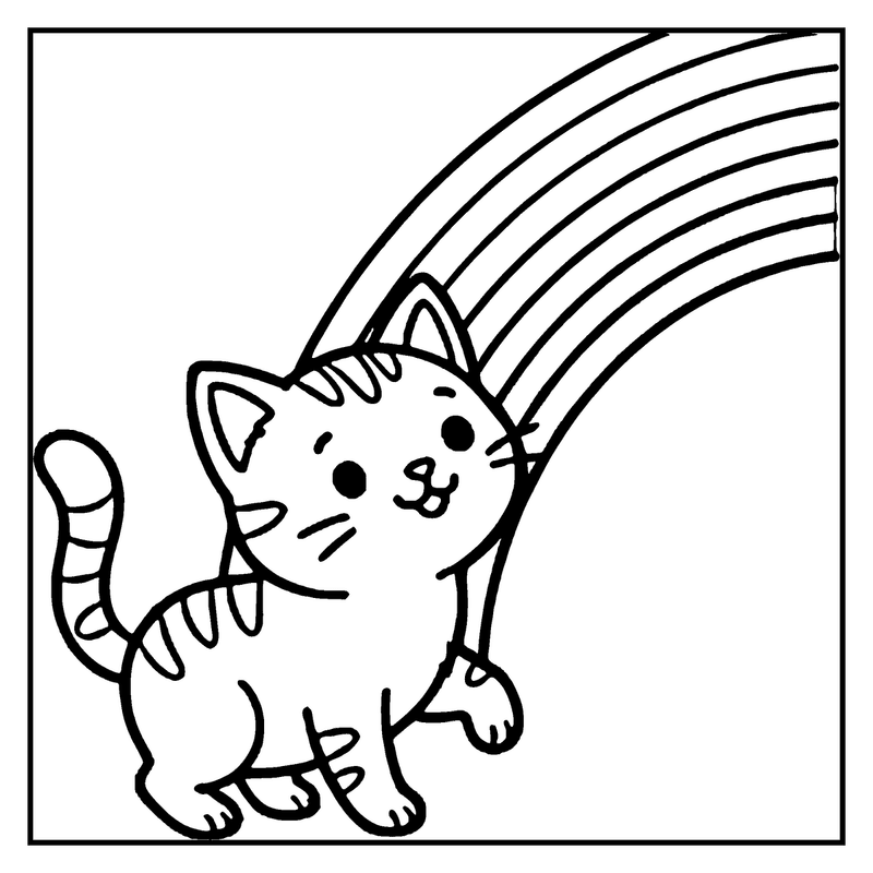 A cute cat is standing on its hind legs, reaching for a rainbow in the sky