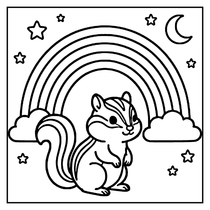 A cute squirrel stands in front of a rainbow, surrounded by stars and clouds