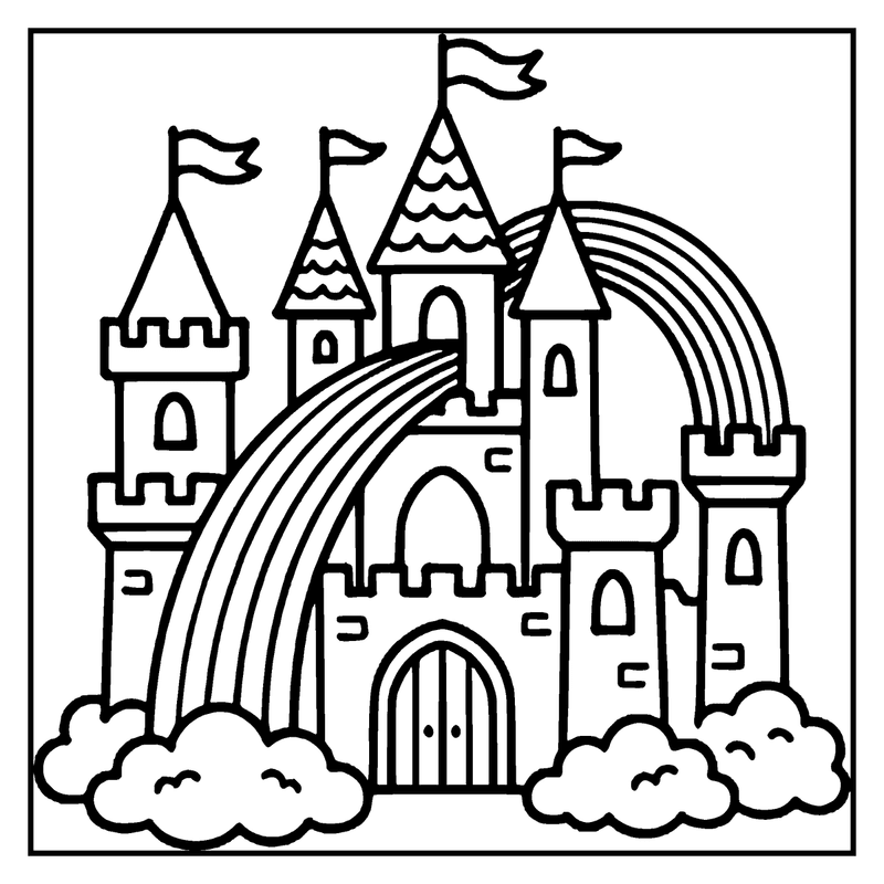 A fairy tale castle with four towers and a rainbow over it